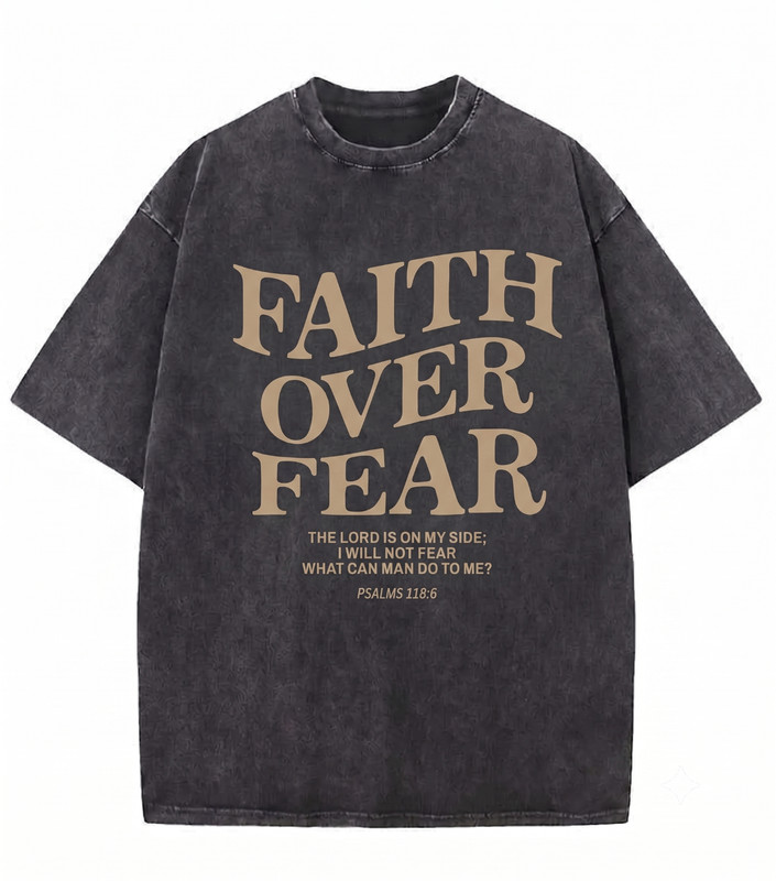Men Vintage Wash Hip Hop T-Shirt Faith Over Fear Graphic Streetwear Tee