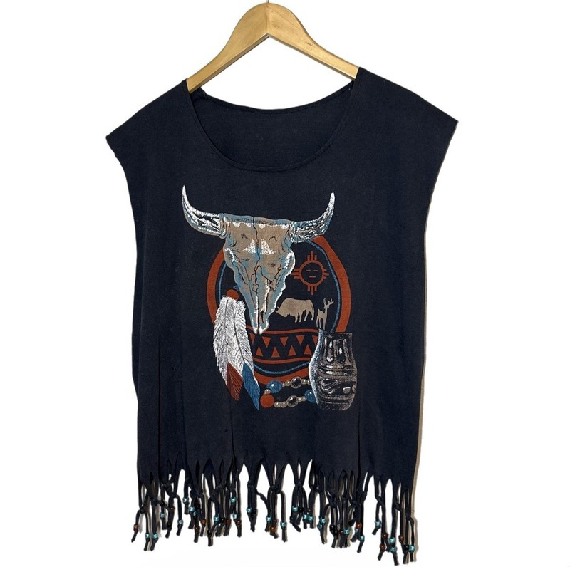 Rodeo PBR Fringe T-Shirt Mens L Black Beaded Native Style Vintage 90s Fringe USA