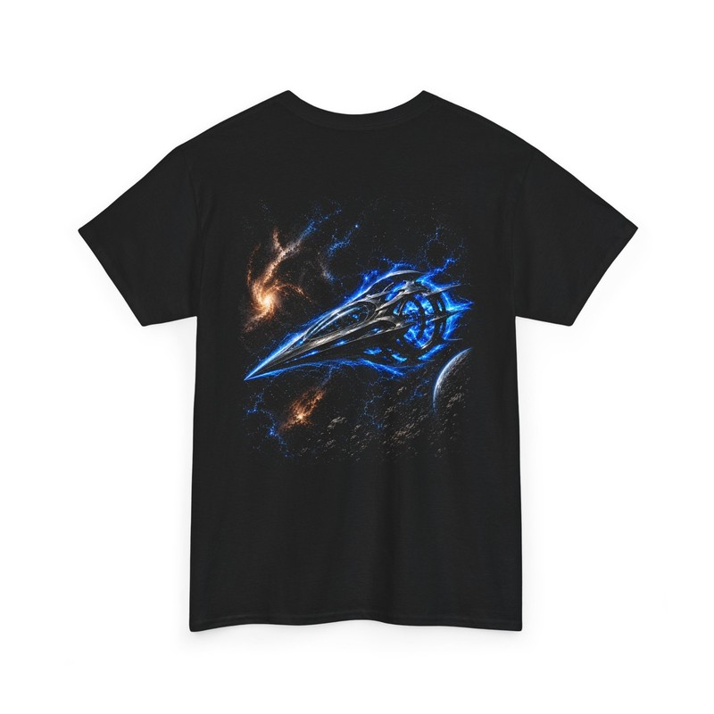 Cosmic Blue Plasma Field Spaceship Tee | Sci-Fi Spacecraft Graphic Shirt