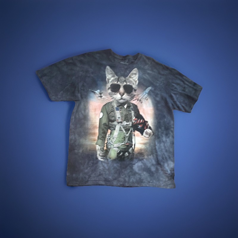 The Mountain Men’s XL Blue Tie-Dye Cat Military Graphic Cotton Crewneck T-Shirt