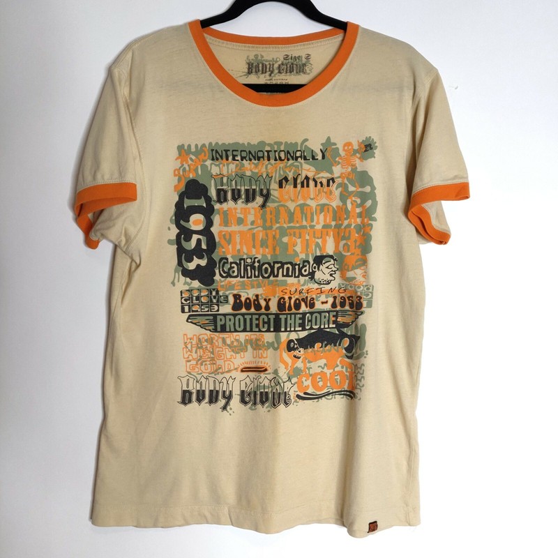 Body Glove Mens Orange Beige Retro Graphic Short Sleeve T-Shirt Top Size Small