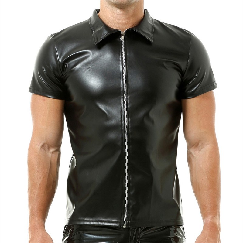 Men T-shirts Short Sleeve Shirts Zip Nightclub Stage Tops Black PU Leather Tees