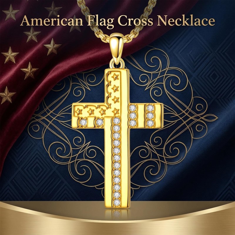 14K White Gold Cross Necklace for Men Gold American Flag Necklace Religious C... gallery