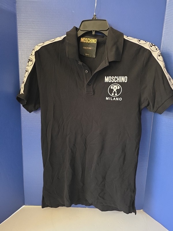 Moschino Milano Couture Men’s Black Double Question Mark Stretch Polo Shirt