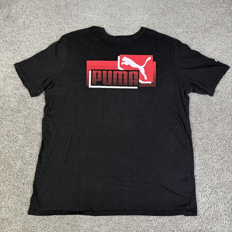PUMA Shirt Mens L Black Red Puma Logo Graphic Tee Top Tagless Cotton Crewneck