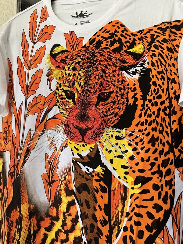 Head or Tails Men’s Rhinestones Beaded / White/Orange Tiger T-shirt Size M gallery