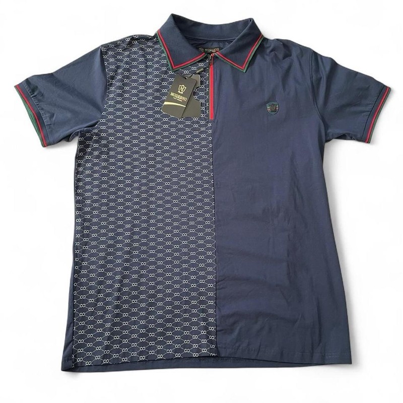 MODERNO Italy Design Navy Blue Patterned 1/4 Zip Polo Shirt Men’s Size XL
