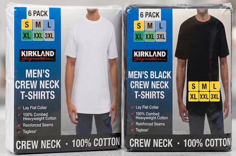 Kirkland Signature Men’s Crew Neck Tee, 6-pack Heavyweight Cotton White Black