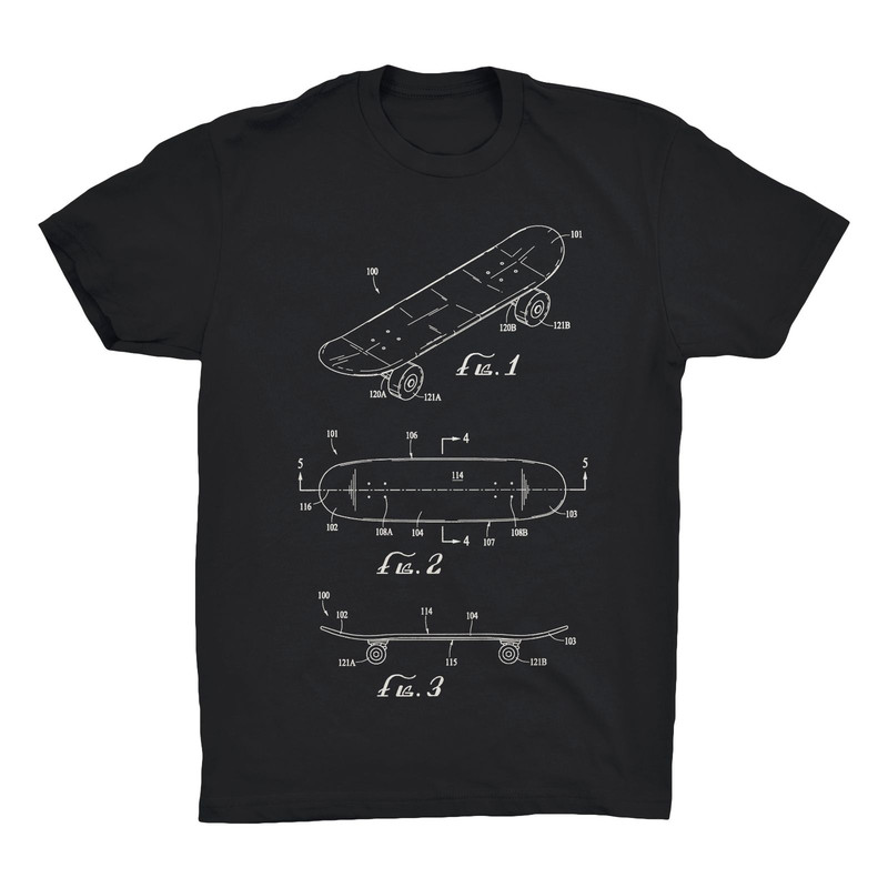Skateboard Patent T-Shirt, Skateboard Shirt Blueprint 100% Soft Cotton Comfy Tee