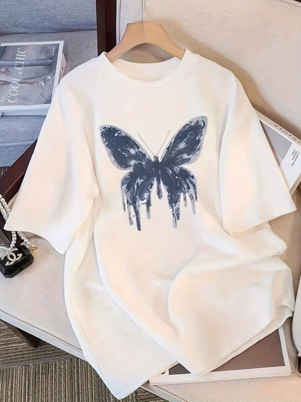 Butterfly Print T-shirt, Short Sleeve Crew Neck Casual Top for Summer & Spring,