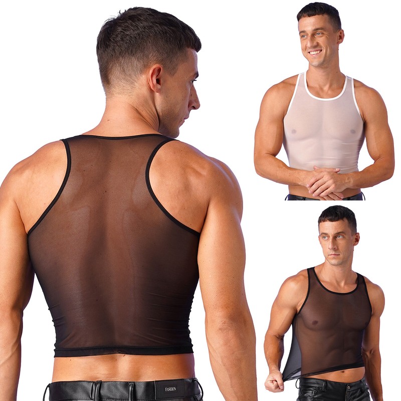US Mens Tank Top Workout Crop Tops See-Through T-shirts Muscle Blouse Mesh Vests