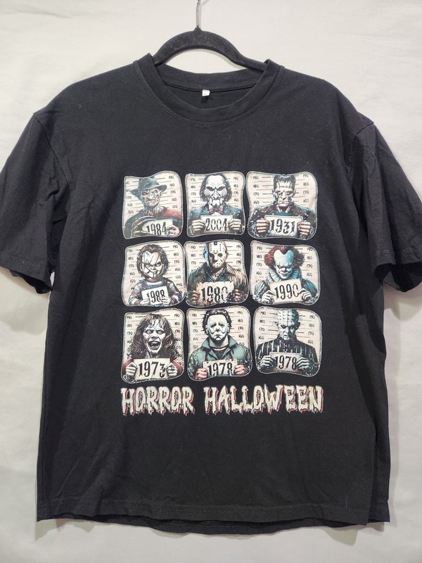 Horror Halloween T-Shirt, Movie Villains Mugshot Tee, Freddy Jason Pennywise LRG