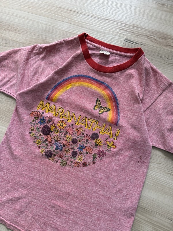 Vintage 60s “Maranatha” Jesus Rainbow Flowers Mayo Spruce Ringer Pink Tee Small gallery