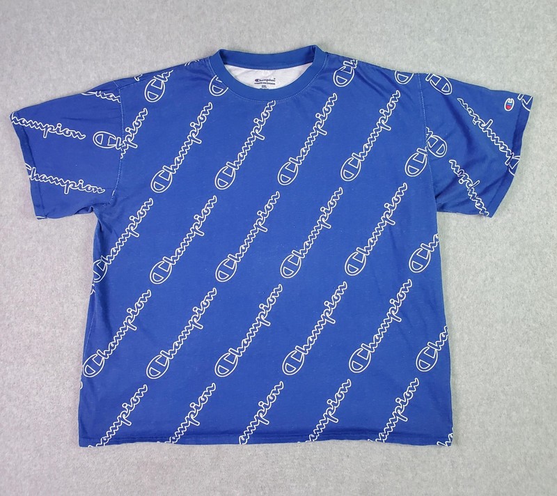 Champion Shirt Mens 2XL Blue All Over Logo Graphic Tee Authentic Athleticwear