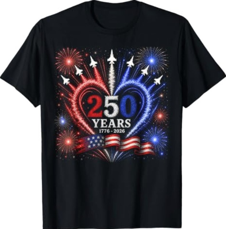 4th of July American Flag 250 Years of Freedom Heart Jets T-Shirt