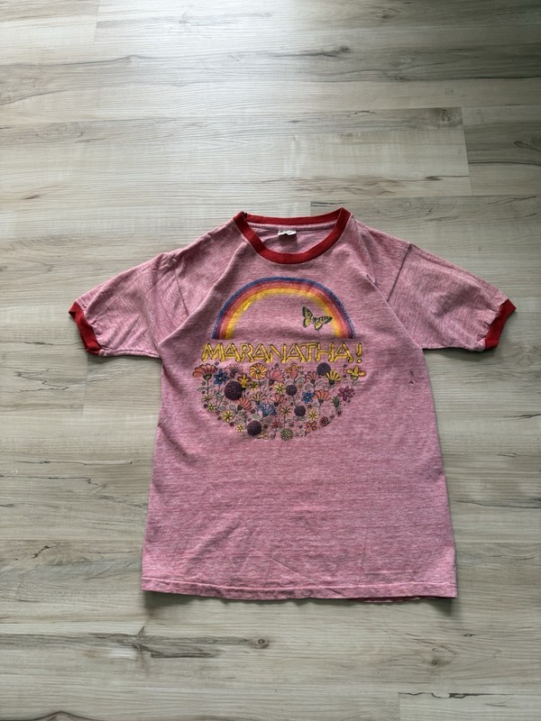 Vintage 60s “Maranatha” Jesus Rainbow Flowers Mayo Spruce Ringer Pink Tee Small gallery