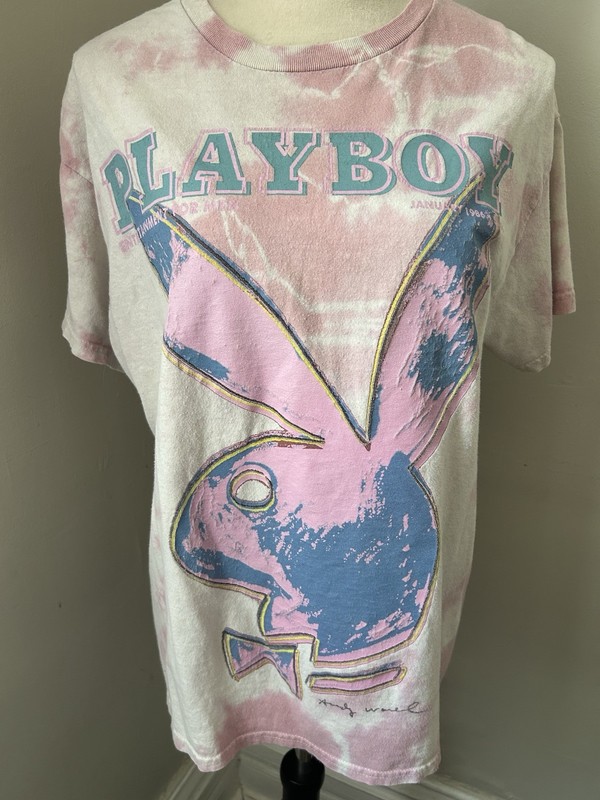 Playboy Shirt Mens Large Pink Bunny Logo Andy Warhol Graphic Tee Tie Dye Washed