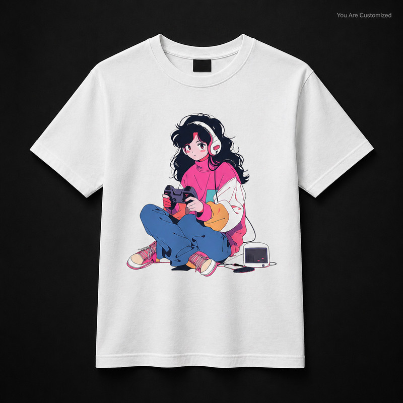 Anime Gamer Girl Graphic T-Shirt White Unisex Gaming Manga Style Tee gallery
