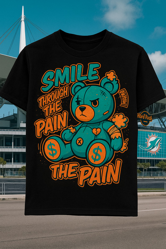 Dolphins Bear Fan Smile thru the Pain Graphic Sneaker Tee Shirt Pro Club Shaka