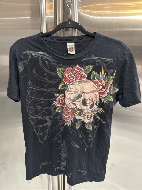 Y2K Rare Ed Hardy Skeleton Skull Ribcage T Shirt Made in USA Double Side Small