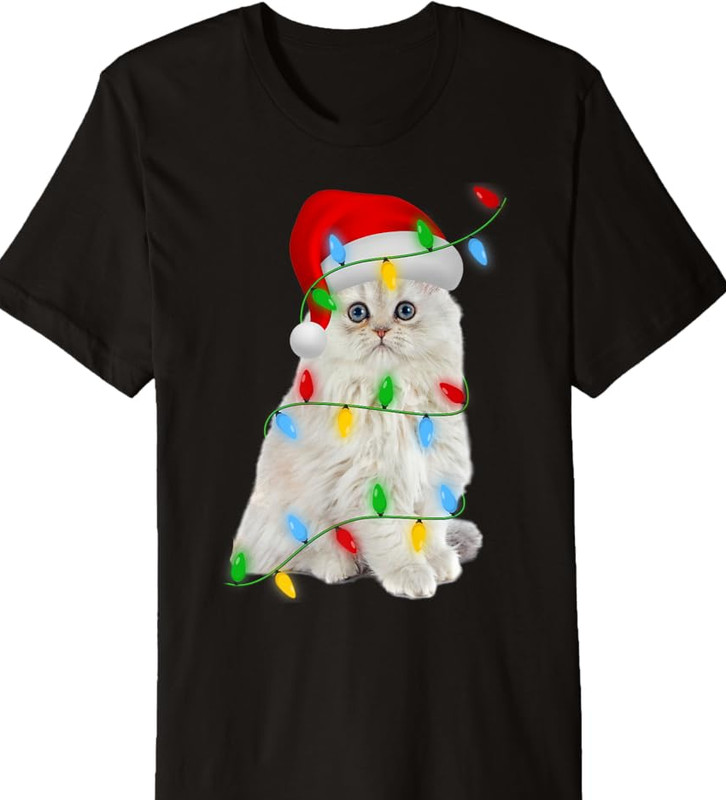AMAZING Persian Cat Xmas Lights Holiday Santa CHRISTMAS black T-shirt