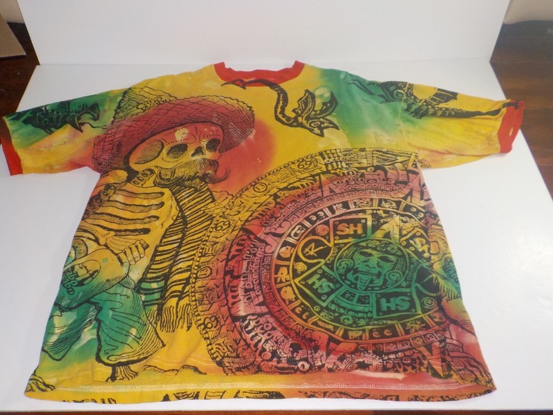 Vintage Cabo Wabo Shirt XL Acton Tag All Over Print Skeleton Tie Dye Made In USA
