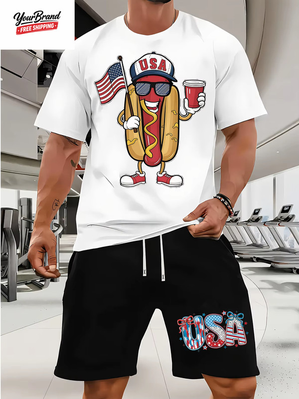 Fashion American Flag Graphic Print T-Shirt Shorts 2-Piece Set Casual Men'S USA gallery