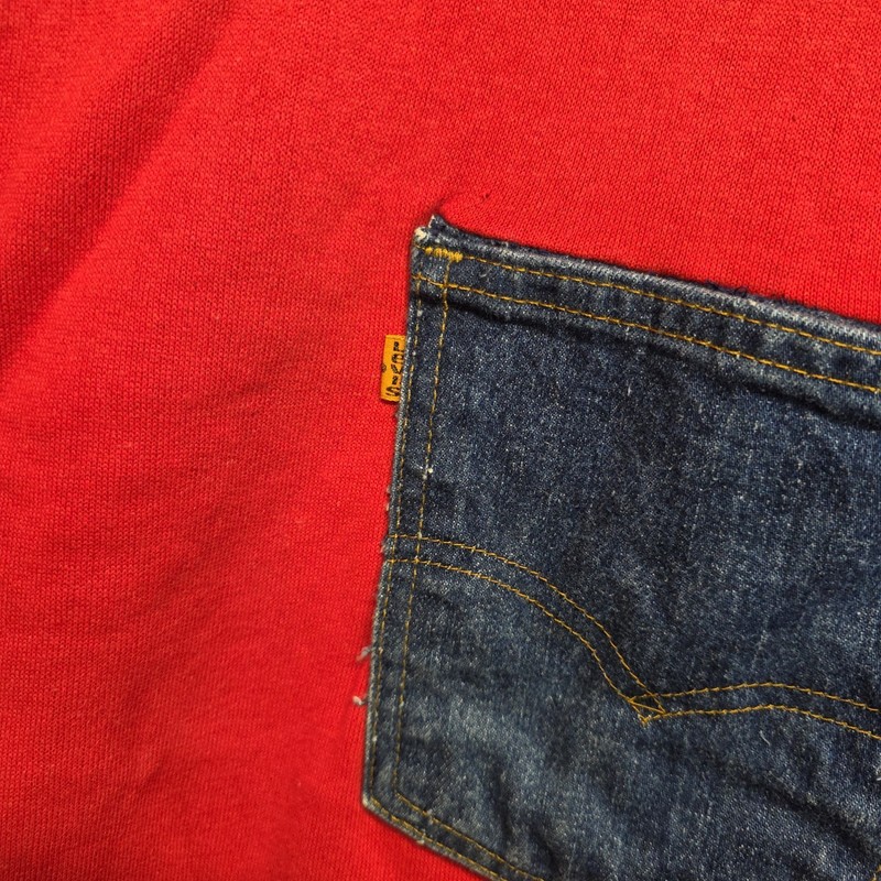Vtg Tee Shirt Homemade Altered Denim Jean Brands WesternRed Blue Size L gallery
