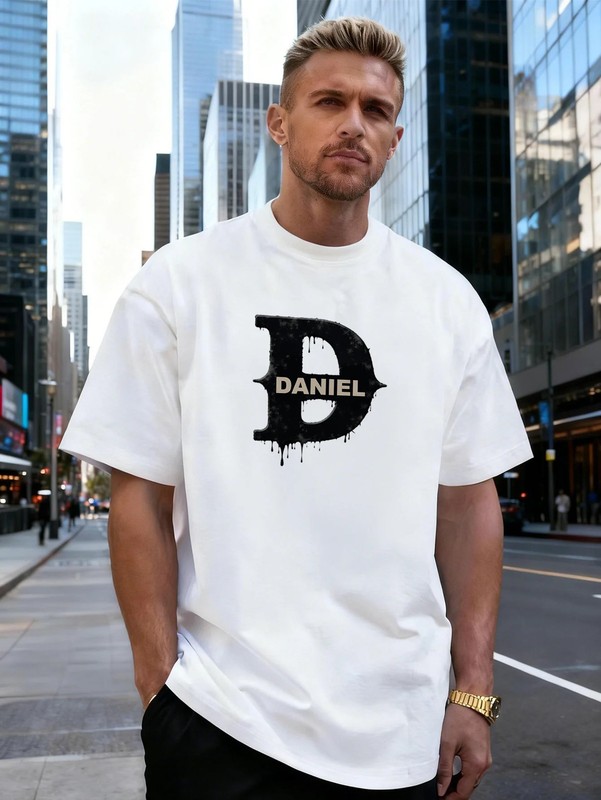 Letter D Dripping Alphabet Graphic Cotton Men’s T-Shirt, for Daily Streetwear