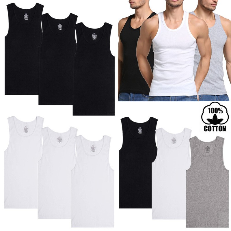Men Cotton Tank Top Wife-Beater A-Shirt Regular Undershirt Ribbed White Black