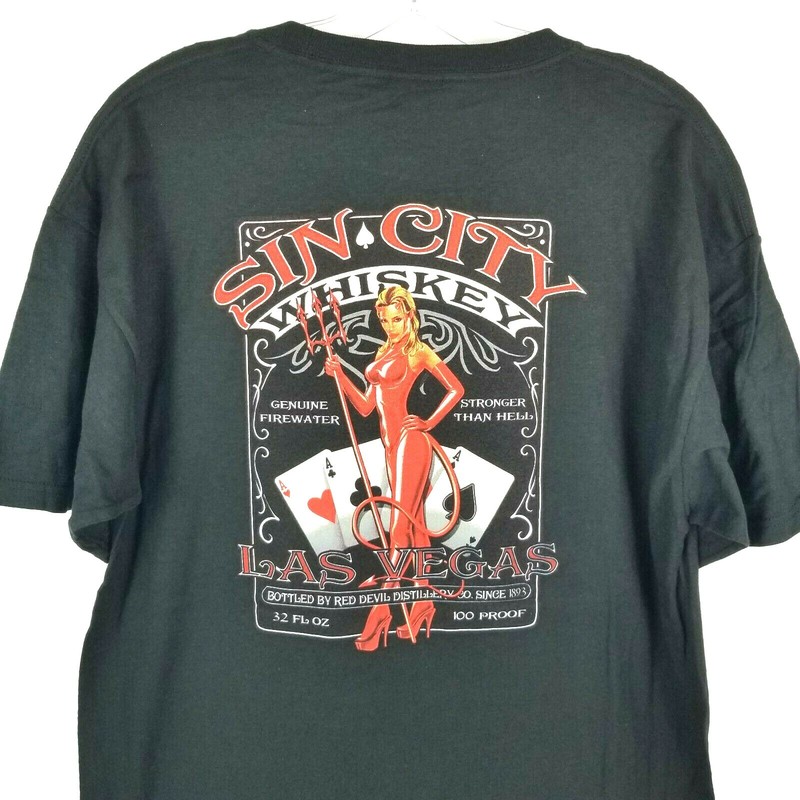 Las Vegas Sin City Whiskey T-Shirt Men’s Size L, Aces Poker Sexy Red Devil Black