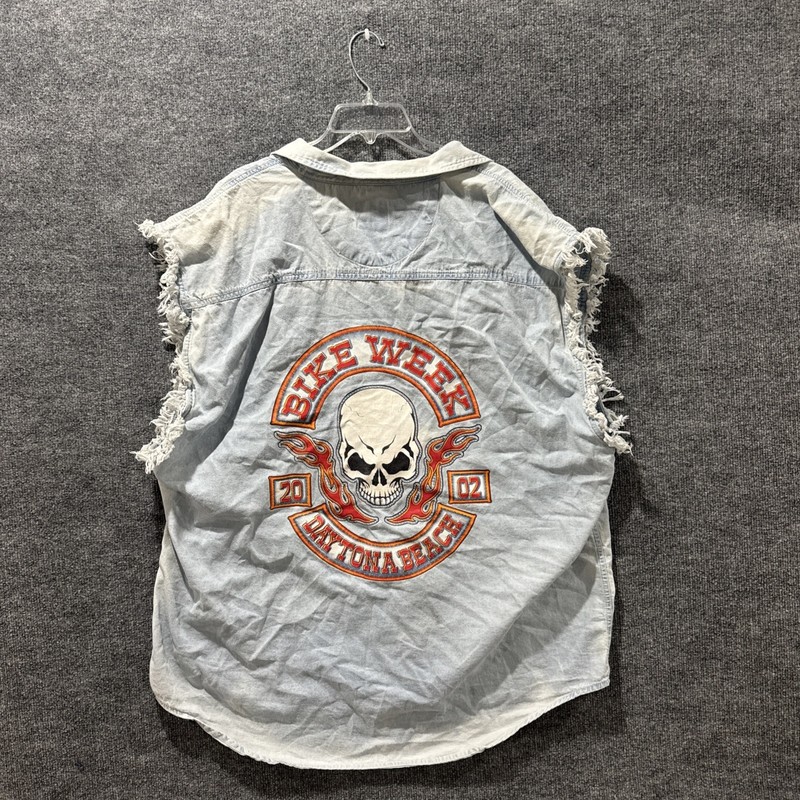 Vintage 00’s Daytona Bike Week Flaming Skull ‘02 Full Denim Button Up T-Shirt 3X
