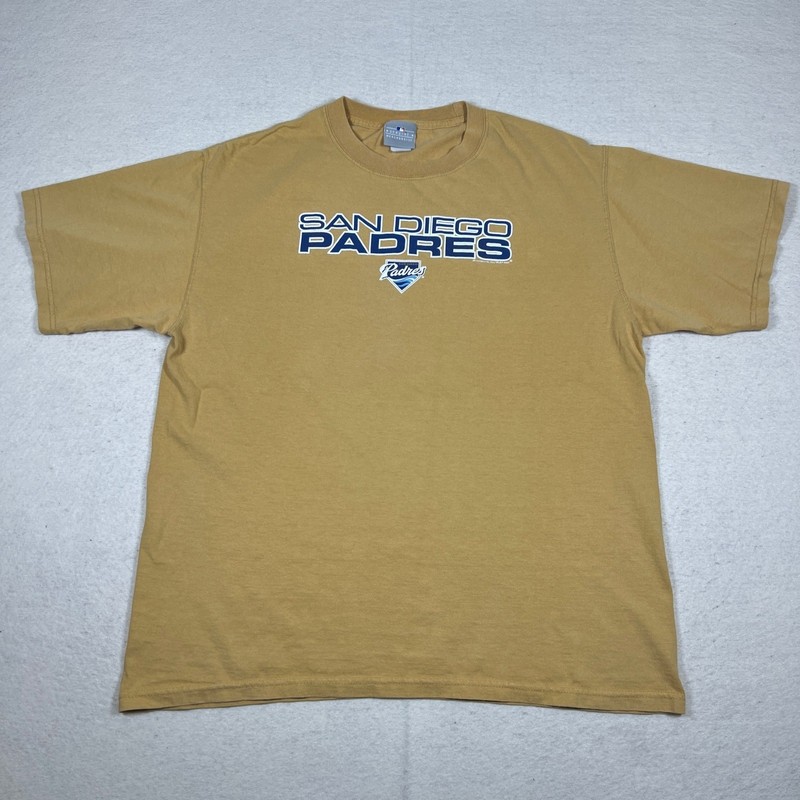 Y2K San Diego Padres Sand Shirt Mens Size L 22.5x28 MLB Tan Retro Logo gallery
