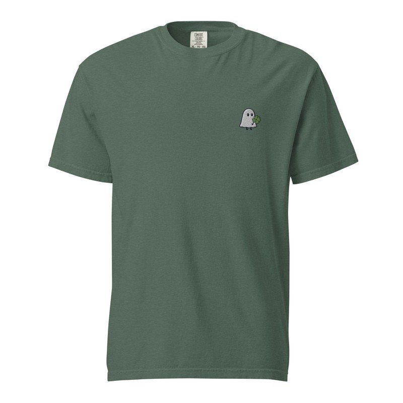 Cute Ghost Embroidered T-Shirt with Lucky Clover | Comfort Colors