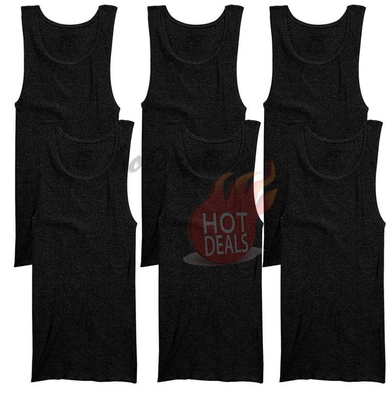 6 Pack Men’s Black 100% Cotton Tank Top A-Shirt Ribbed Undershirt Size:S-2XL