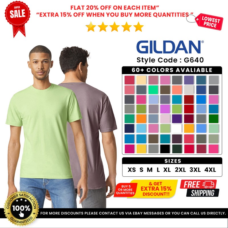 Gildan G640 Mens Softstyle Ringspun Cotton Jersey Knit Crew Neck Plain T-Shirt