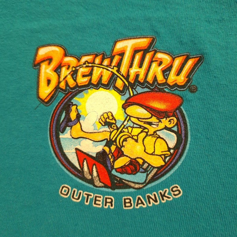 Brew Thru Outer Banks Shirt Mens 2XL Blue Beer Fishing Boat Graphic Tee Gildan gallery