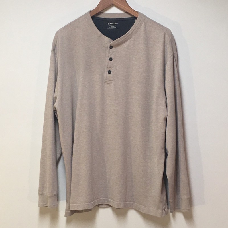 St. John’s Bay Men XL Long Sleeve Henley Beige Heather Preppy Sueded Jersey Knit