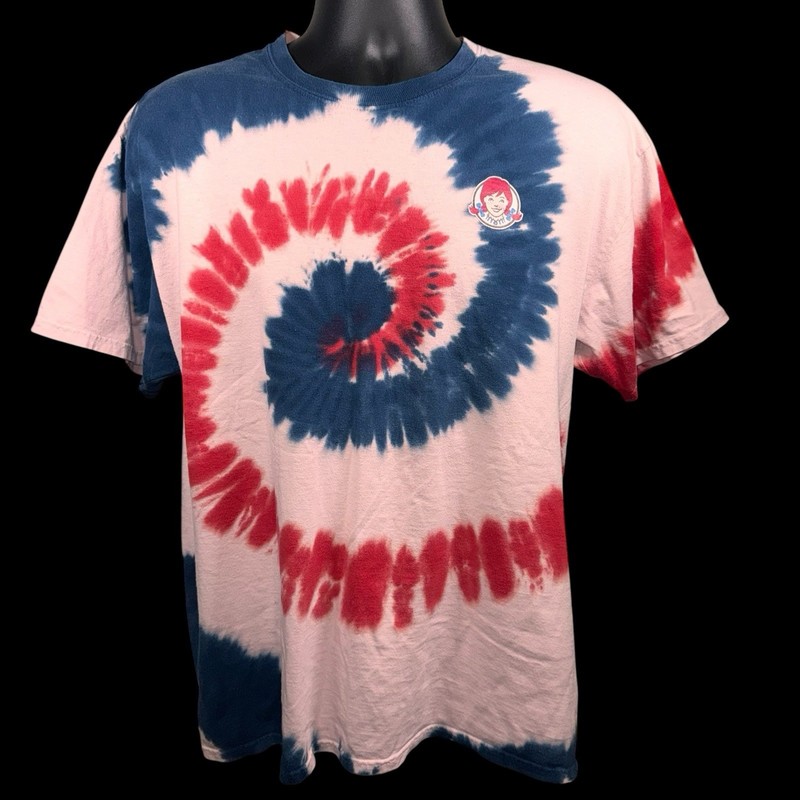Wendy’s Promo Tee Red, White & Blue Tie Dye Spiral 100% Cotton T-Shirt Sz Large
