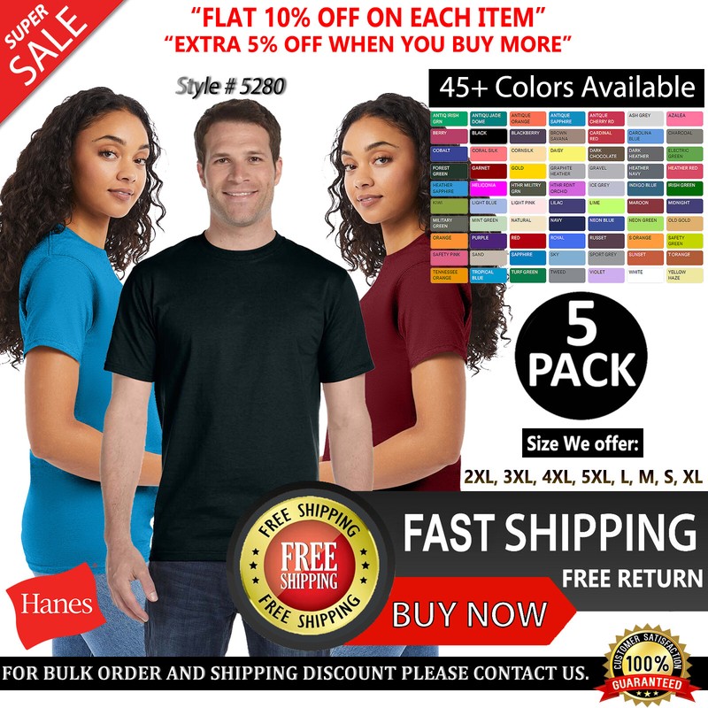 5 PACK OF Hanes Essential 100% Cotton Adult 5.2 oz. Cotton T-Shirt - 5280