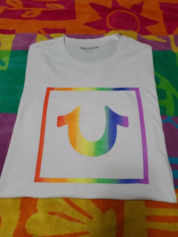 NEW True Religion White Rainbow/Pride Color Horseshoe Logo Tshirt SZ 2XL