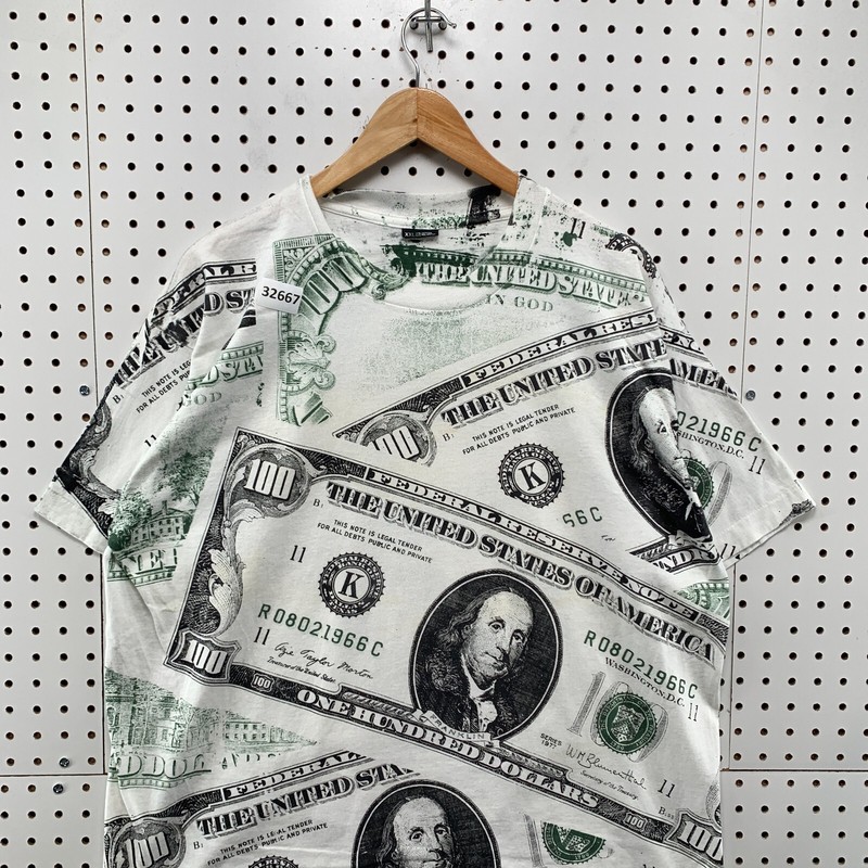 Vintage 90s USA Money CASH AOP Shirt Mens 2XL White All Over Print Hip Hop 24x29 gallery