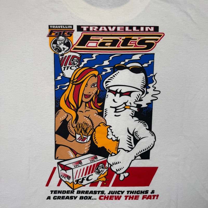 Vintage Travellin Fats Australia Tee Shirt Mens XL CHEW THE FAT Pub Bar T gallery