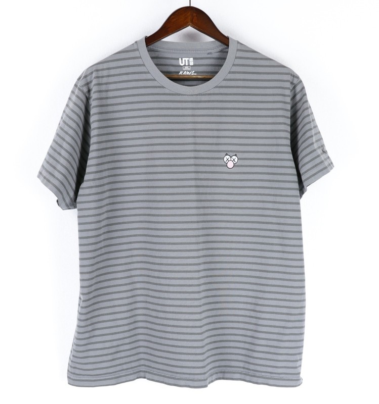 KAWS Uniqlo BFF Short Sleeve T-Shirt XXL Grey Grey Striped Embroidered Cotton