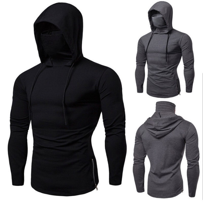 Mens Long Sleeve Hooded T-shirt Fitness Gym High Neck Stretch Shirt Hoodie gallery