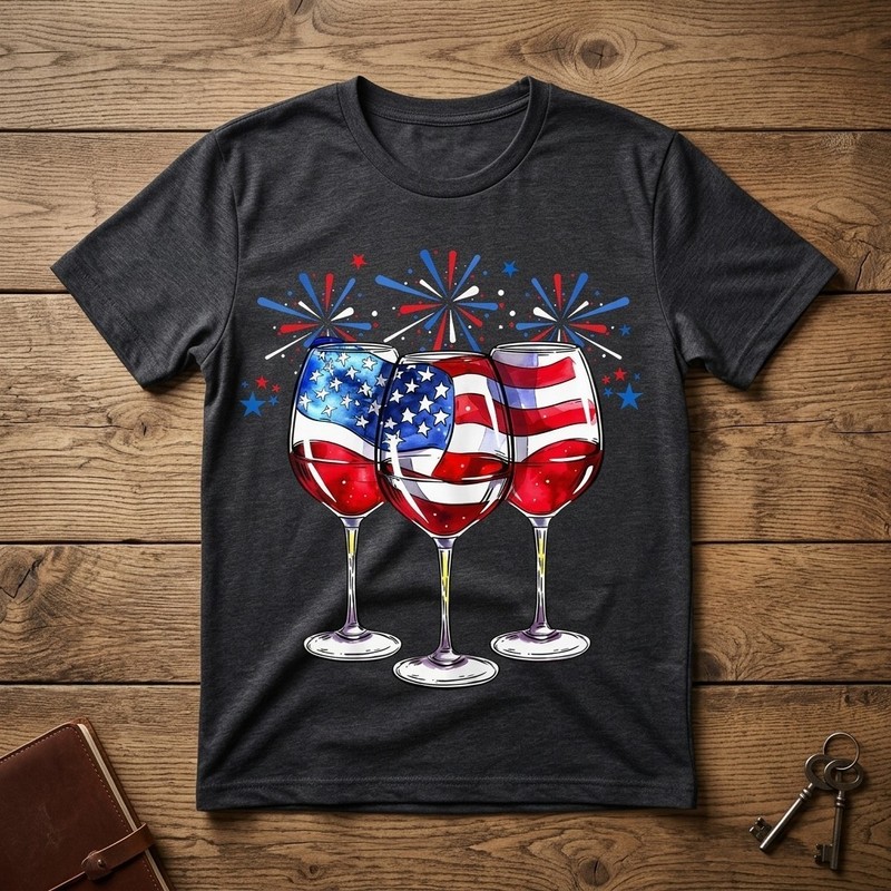 Patriotic Red White and Blue Wine Glasses 4th of July Ladies' Crewneck Tee A79 gallery