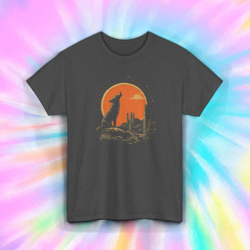 Coyote Desert Sunset Shirt Howling Wolf Southwestern Graphic Tee S-5XL
