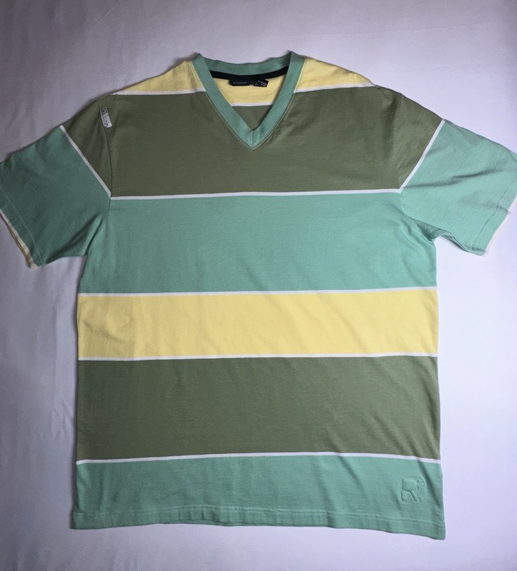 Rocawear Y2K Green/Yellow/White Striped Logo V-Neck Short Sleeve Knit T-Shirt XL
