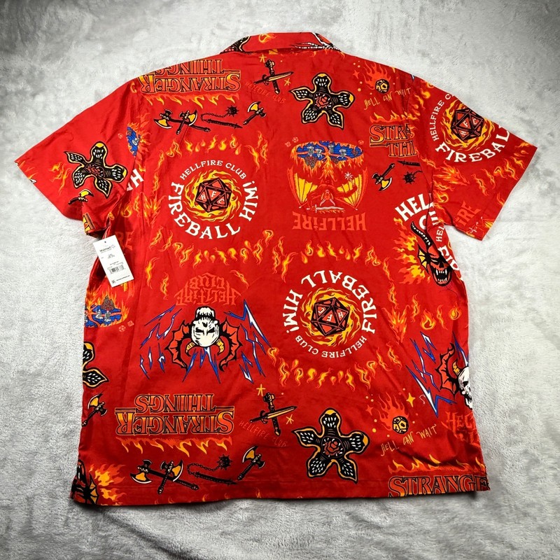 Stranger Things Mens XL Button-Up Shirt Red Hellfire Club AOP Flames Cotton gallery