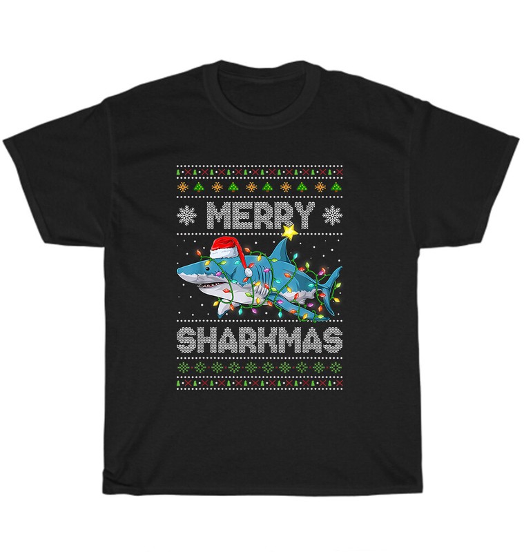 Merry Sharkmas Shark Santa Ugly Christmas Lights Xmas T-Shirt